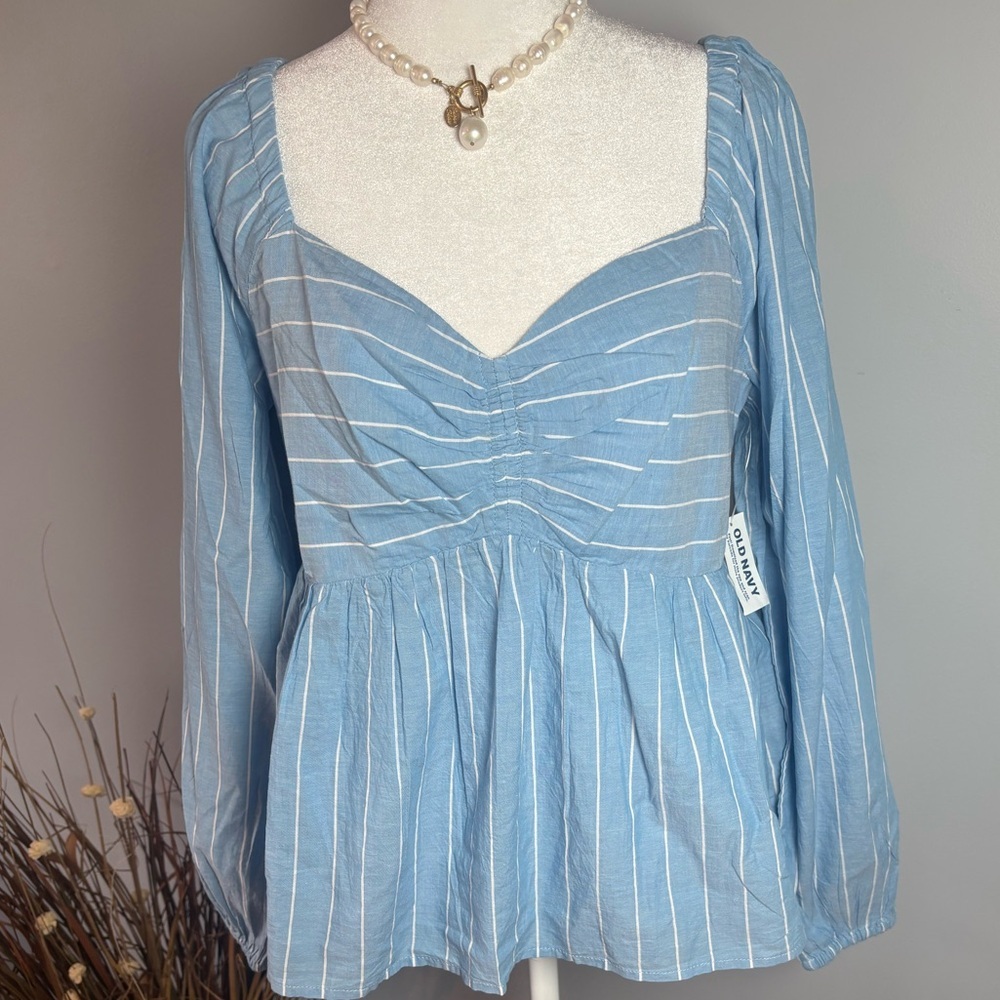 NWT Old Navy Blue Stripe Smocked Peplum Square Neck Blouse Medium